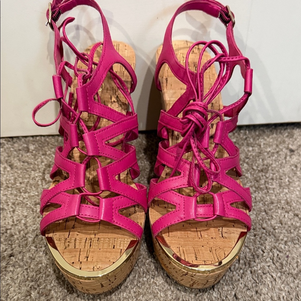 Pink Strappy Wedge Sandals